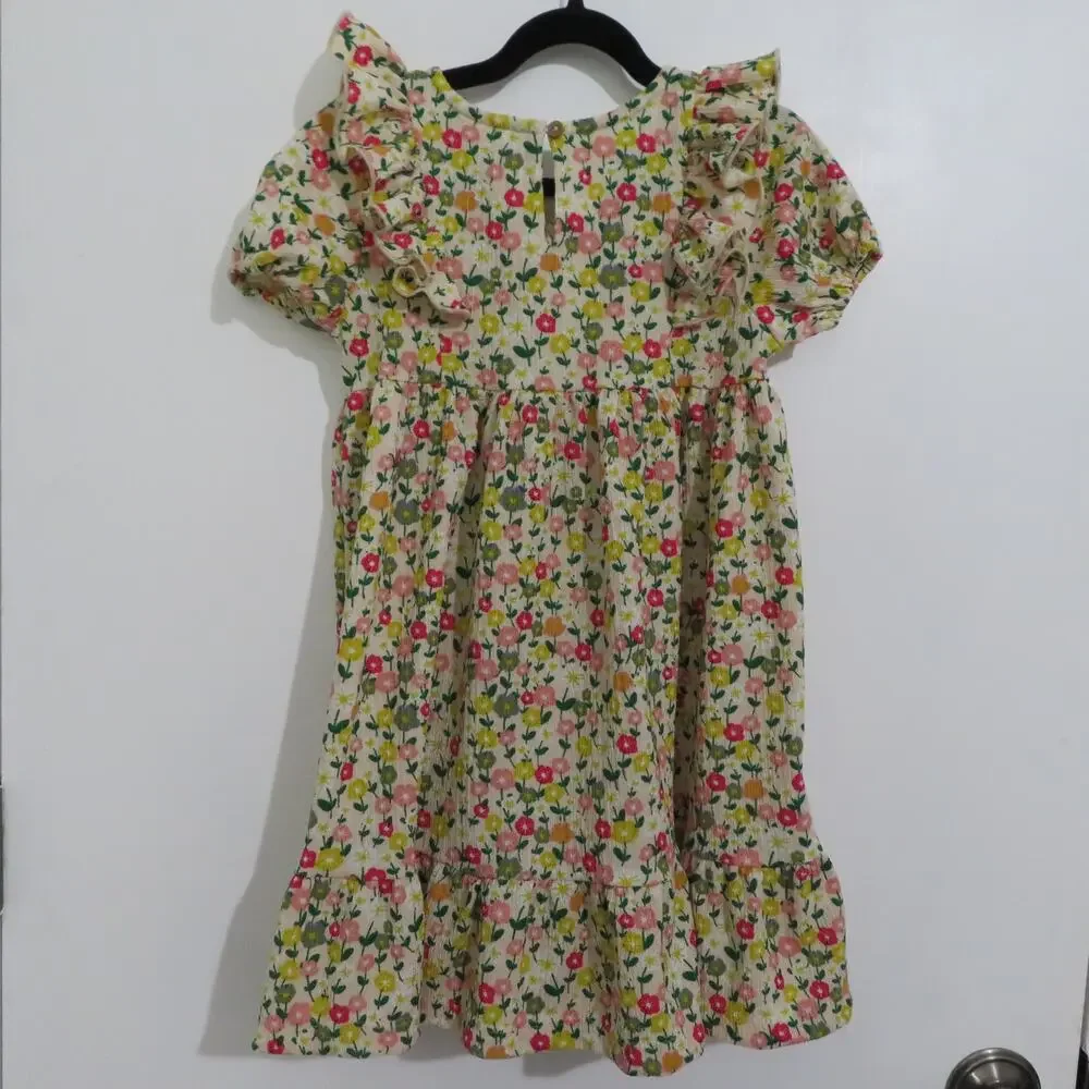 HOP Kids 4-5 Years Yellow Green Pink Floral Puff Sleeve Dress